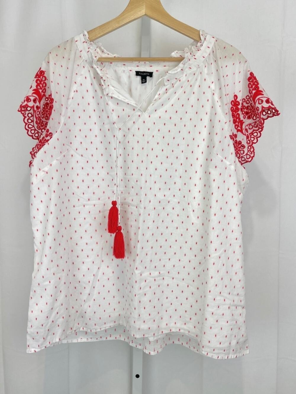 TALBOTS Embroidered Tassel Popover Top Short Sleeve Cotton Red White Size XL